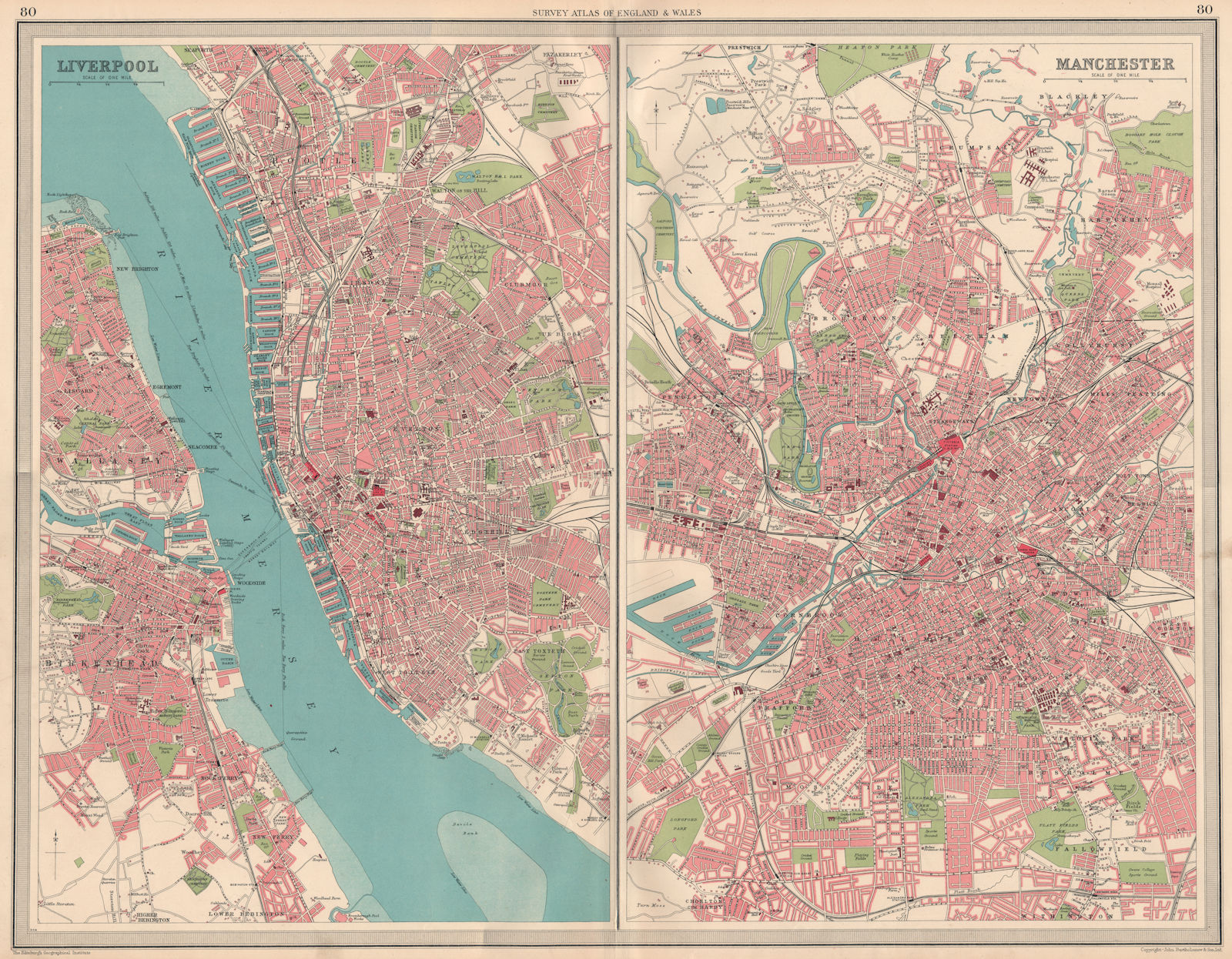 NW ENGLISH CITIES. Plans of Liverpool & Manchester. Birkenhead. LARGE 1939 map